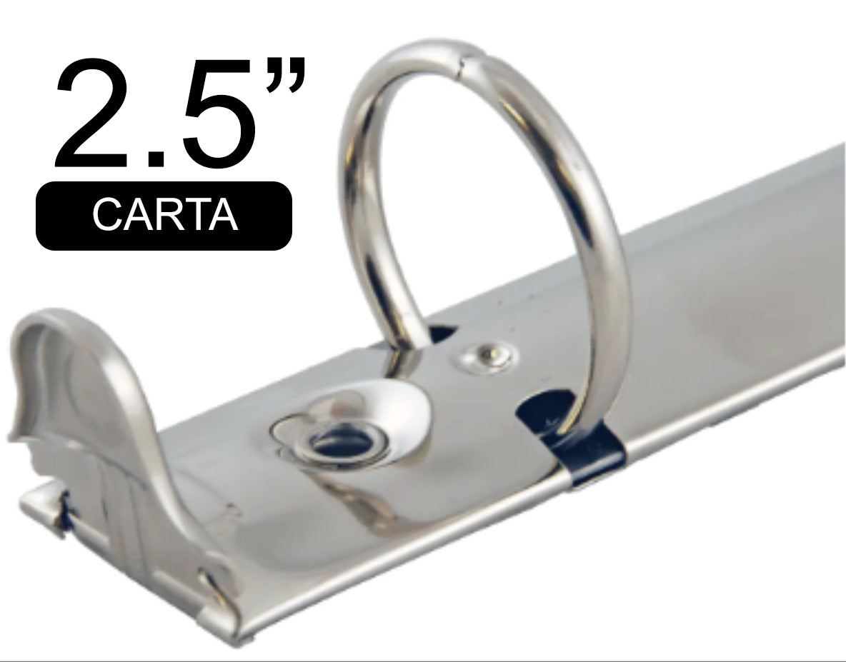 Herraje tamaño carta de 280 mm con tres argollas circulares de 2.5 pulgadas de diámetro, con palancas, base de 45 mm, acabado níquel, y capacidad para 520 hojas. Herraje tamaño carta de 280 mm con tres argollas circulares de 2.5 pulgadas de diámetro, con palancas, base de 45 mm, acabado níquel, y capacidad para 520 hojas.